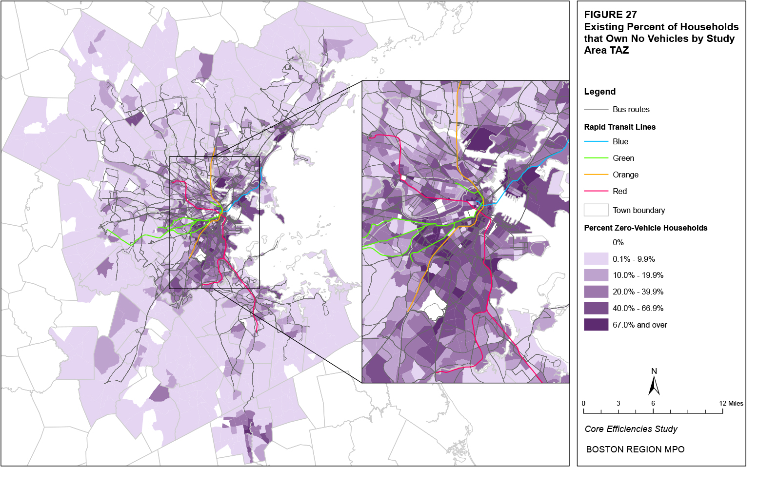 This map shows the existing percent of households that own no vehicles by TAZ.